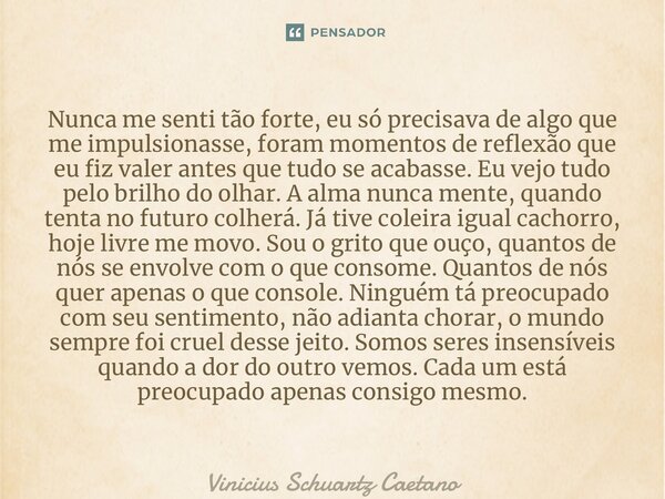 ⁠Nunca me senti tão forte, eu só precisava de algo que me impulsionasse, foram momentos de reflexão que eu fiz valer antes que tudo se acabasse. Eu vejo tudo pe... Frase de Vinicius Schuartz Caetano.