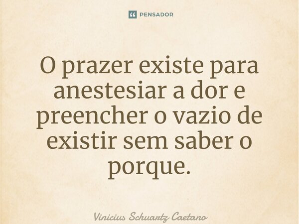 O prazer existe para anestesiar a dor e preencher o vazio de existir sem saber o porque.... Frase de Vinicius Schuartz Caetano.