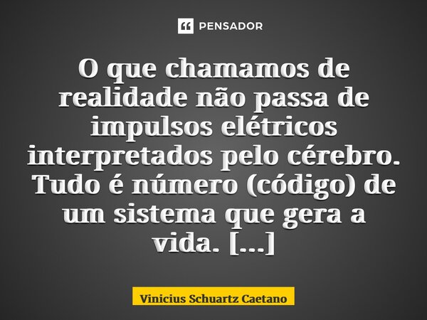 O que chamamos de realidade não passa de impulsos elétricos interpretados pelo cérebro. Tudo é número (código) de um sistema que gera a vida. ⁠... Frase de Vinicius Schuartz Caetano.