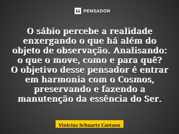 ⁠⁠O sábio percebe a realidade enxergando o que há além do objeto de observação. Analisando: o que o move, como e para quê? O objetivo desse pensador é entrar em... Frase de Vinicius Schuartz Caetano.