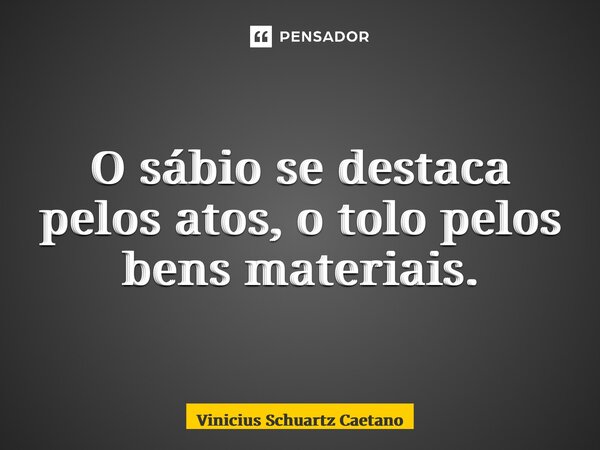 ⁠O sábio se destaca pelos atos, o tolo pelos bens materiais.... Frase de Vinicius Schuartz Caetano.