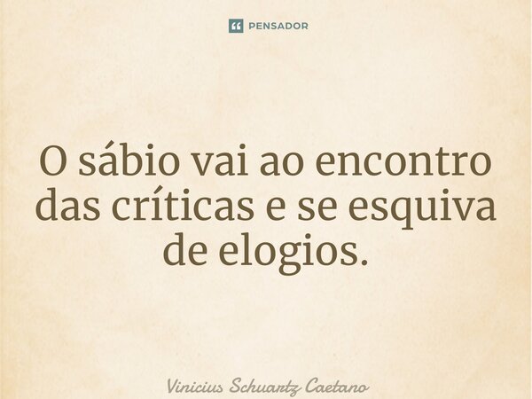 ⁠O sábio vai ao encontro das críticas e se esquiva de elogios.... Frase de Vinicius Schuartz Caetano.