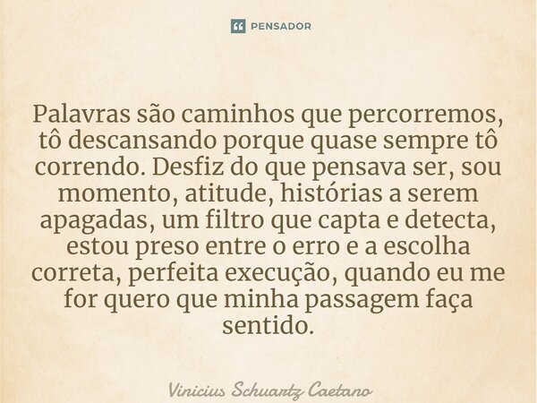 ⁠Palavras são caminhos que percorremos, tô descansando porque quase sempre tô correndo. Desfiz do que pensava ser, sou momento, atitude, histórias a serem apaga... Frase de Vinicius Schuartz Caetano.