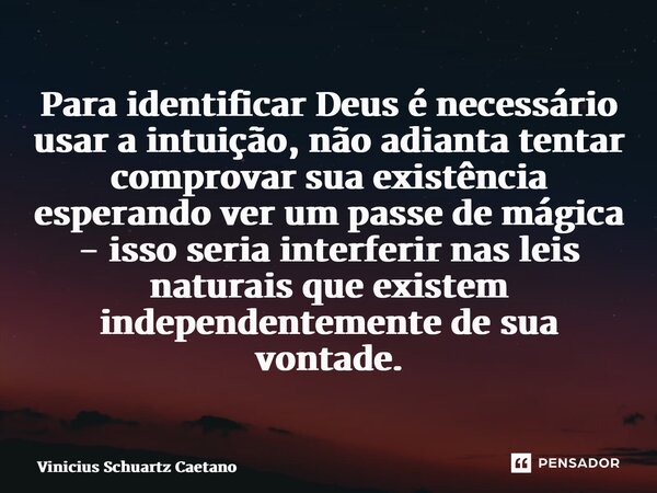 ⁠Para identificar Deus é necessário usar a intuição, não adianta tentar comprovar sua existência esperando ver um passe de mágica - isso seria interferir nas le... Frase de Vinicius Schuartz Caetano.