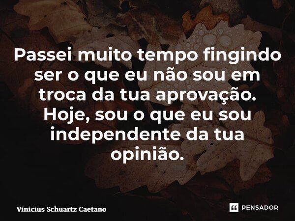 ⁠Passei muito tempo fingindo ser o que eu não sou em troca da tua aprovação. Hoje, sou o que eu sou independente da tua opinião.... Frase de Vinicius Schuartz Caetano.
