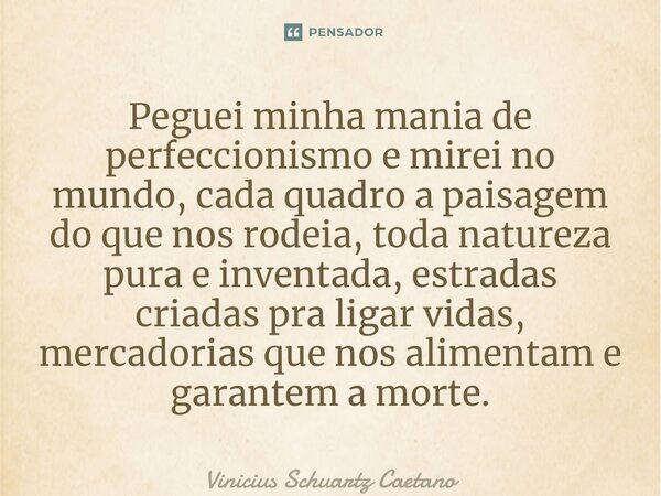 ⁠Peguei minha mania de perfeccionismo e mireino mundo, cada quadro a paisagem do que nos rodeia, toda natureza pura e inventada, estradas criadas pra ligar vida... Frase de Vinicius Schuartz Caetano.