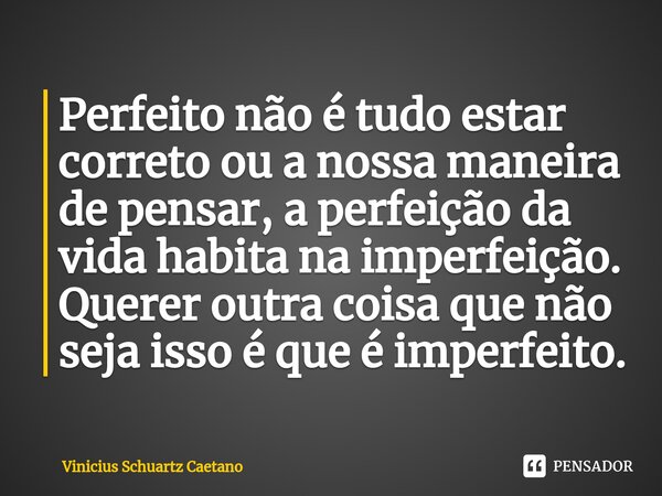 Perfeito não é tudo estar correto ou a nossa maneira de pensar, a perfeição da vida habita na imperfeição. Querer outra coisa que não seja isso é que é imperfei... Frase de Vinicius Schuartz Caetano.