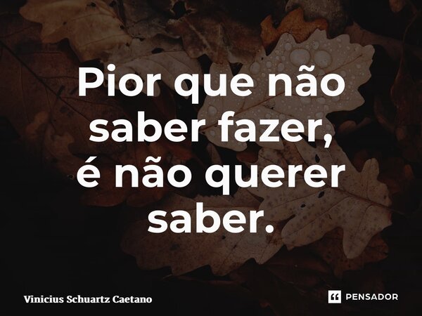 Pior que não saber fazer, é não querer saber.... Frase de Vinicius Schuartz Caetano.