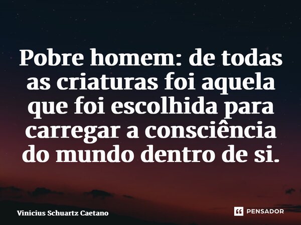 ⁠Pobre homem: de todas as criaturas foi aquela que foi escolhida para carregar a consciência do mundo dentro de si.... Frase de Vinicius Schuartz Caetano.