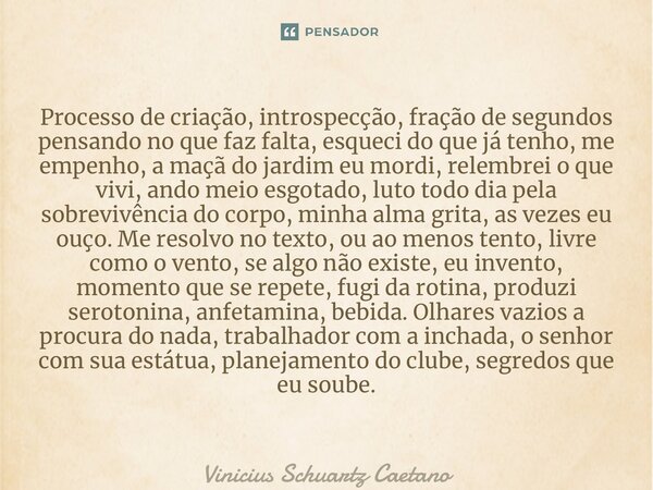 ⁠Processo de criação, introspecção, fração de segundos pensando no que faz falta, esqueci do que já tenho, me empenho, a maçã do jardim eu mordi, relembrei o qu... Frase de Vinicius Schuartz Caetano.