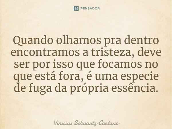 Quando olhamos pra dentro encontramos a tristeza, deve ser por isso que focamos no que está fora, é uma espécie de fuga da própria essência.... Frase de Vinicius Schuartz Caetano.