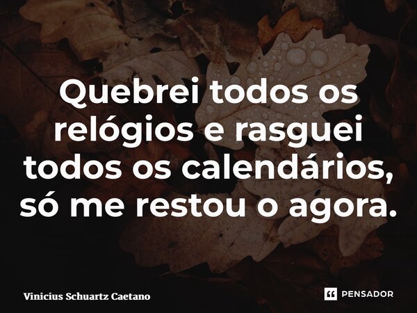 ⁠Quebrei todos os relógios e rasguei todos os calendários, só me restou o agora.... Frase de Vinicius Schuartz Caetano.