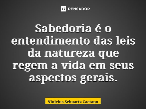 Sabedoria é o entendimento das leis da natureza que regem a vida em seus aspectos gerais.... Frase de Vinicius Schuartz Caetano.