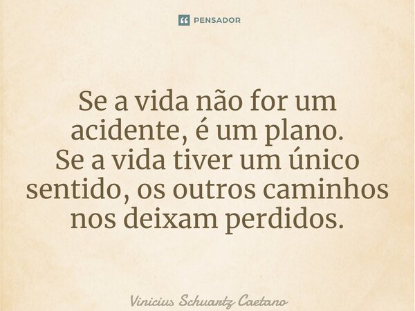 Se a vida não for um acidente, é um plano. Se a vida tiver um único sentido, os outros caminhos nos deixam perdidos.... Frase de Vinicius Schuartz Caetano.