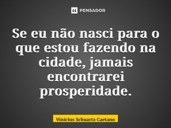⁠Se eu não nasci para o que estou fazendo na cidade, jamais encontrarei prosperidade.... Frase de Vinicius Schuartz Caetano.