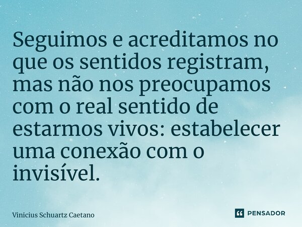 ⁠Seguimos e acreditamos no que os sentidos registram, mas não nos preocupamos com o real sentido de estarmos vivos: estabelecer uma conexão com o invisível.... Frase de Vinicius Schuartz Caetano.