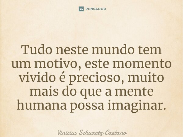 ⁠Tudo neste mundo tem um motivo, este momento vivido é precioso, muito mais do que a mente humana possa imaginar.... Frase de Vinicius Schuartz Caetano.