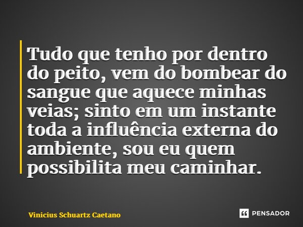 Tudo que tenho por dentro do peito, vem do bombear do sangue que aquece minhas veias; sinto em um instante toda a influência externa do ambiente, sou eu quem p... Frase de Vinicius Schuartz Caetano.