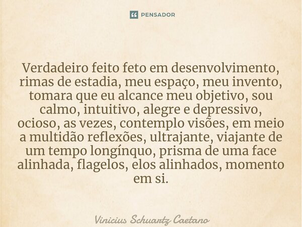 ⁠Verdadeiro feito feto em desenvolvimento, rimas de estadia, meu espaço, meu invento, tomara que eu alcance meu objetivo, sou calmo, intuitivo, alegre e depress... Frase de Vinicius Schuartz Caetano.