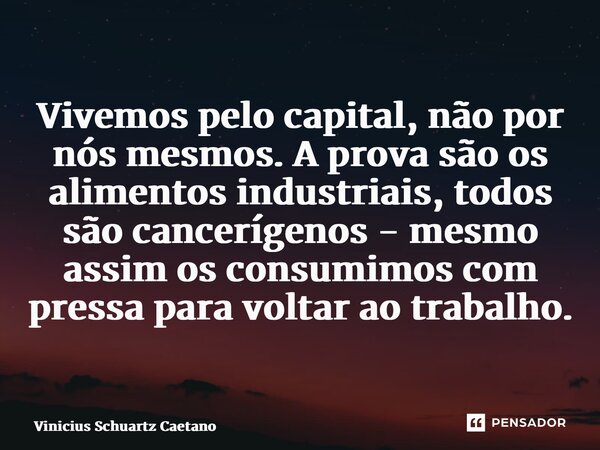 ⁠Vivemos pelo capital, não por nós mesmos. A prova são os alimentos industriais, todos são cancerígenos - mesmo assim os consumimos com pressa para voltar ao tr... Frase de Vinicius Schuartz Caetano.