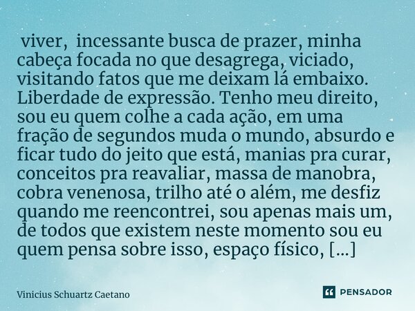 ⁠ viver, incessante busca de prazer, minha cabeça focada no que desagrega, viciado, visitando fatos que me deixam lá embaixo. Liberdade de expressão. Tenho meu ... Frase de Vinicius Schuartz Caetano.