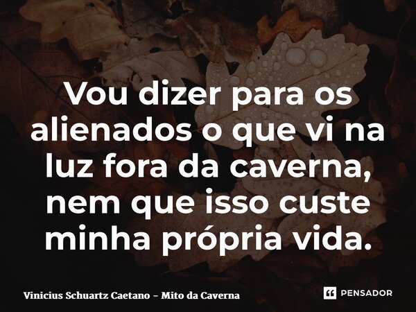 ⁠Vou dizer para os alienados o que vi na luz fora da caverna, nem que isso custe minha própria vida.... Frase de Vinicius Schuartz Caetano - Mito da Caverna.