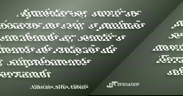Aquietar-se, ouvir os pássaros no céu, o pulmão se enchendo ar, sentir o movimento de rotação da Terra, simplesmente observando.... Frase de Vinícius Silva Fidelis.