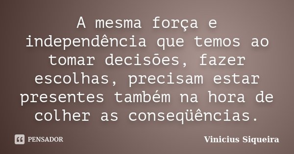 A mesma força e independência que temos ao tomar decisões, fazer escolhas, precisam estar presentes também na hora de colher as conseqüências.... Frase de Vinícius Siqueira.