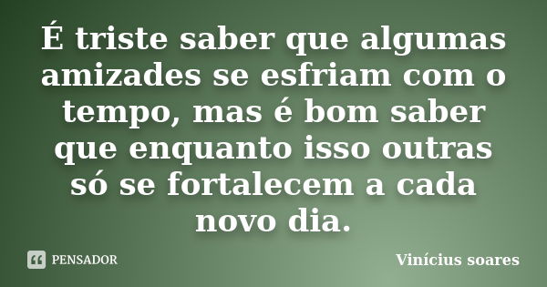 É triste saber que algumas amizades se esfriam com o tempo, mas é bom saber que enquanto isso outras só se fortalecem a cada novo dia.... Frase de Vinícius Soares.