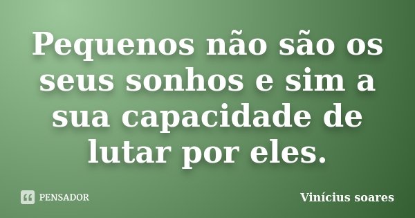 Pequenos não são os seus sonhos e sim a sua capacidade de lutar por eles.... Frase de Vinícius Soares.