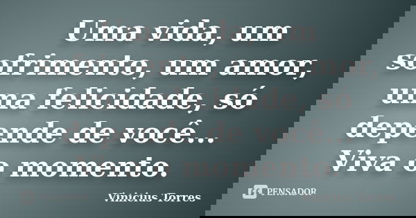 Uma vida, um sofrimento, um amor, uma felicidade, só depende de você... Viva o momento.... Frase de Vinicius Torres.