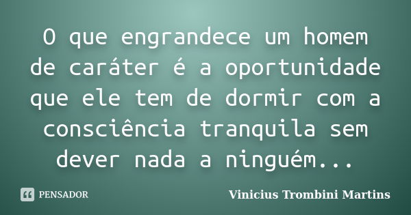 O que engrandece um homem de caráter é a oportunidade que ele tem de dormir com a consciência tranquila sem dever nada a ninguém...... Frase de Vinicius Trombini Martins.