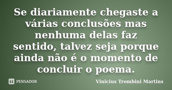 Se diariamente chegaste a várias conclusões mas nenhuma delas faz sentido, talvez seja porque ainda não é o momento de concluir o poema.... Frase de Vinicius Trombini Martins.