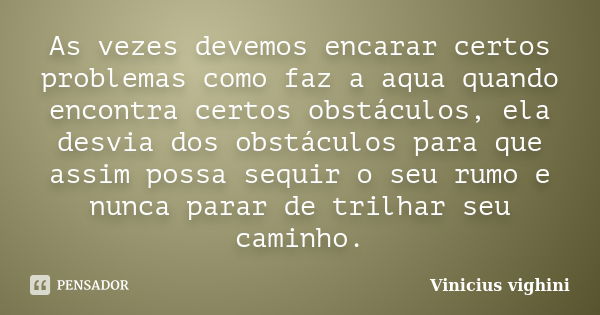 As vezes devemos encarar certos problemas como faz a aqua quando encontra certos obstáculos, ela desvia dos obstáculos para que assim possa sequir o seu rumo e ... Frase de Vinicius Vighini.