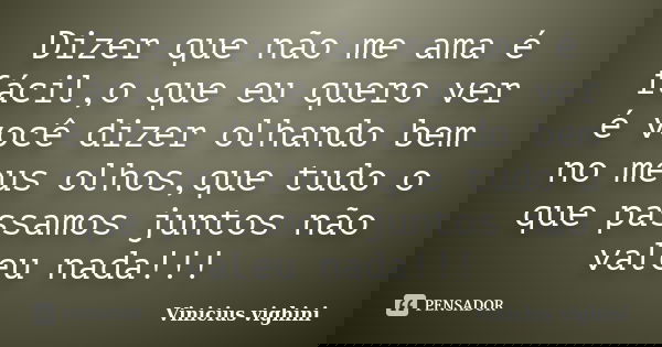 Dizer que não me ama é fácil,o que eu quero ver é você dizer olhando bem no meus olhos,que tudo o que passamos juntos não valeu nada!!!... Frase de Vinicius Vighini.