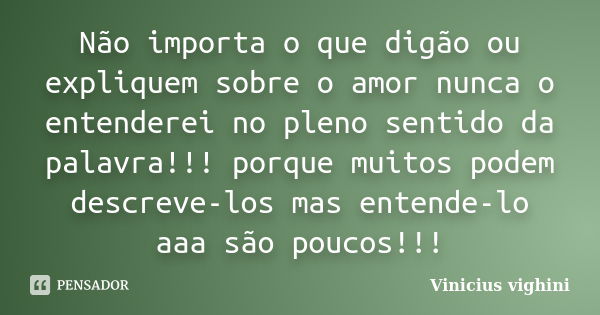 Não importa o que digão ou expliquem sobre o amor nunca o entenderei no pleno sentido da palavra!!! porque muitos podem descreve-los mas entende-lo aaa são pouc... Frase de Vinicius Vighini.