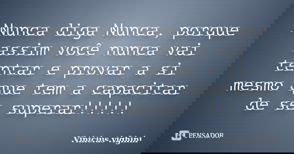 Nunca diga Nunca, porque assim você nunca vai tentar e provar a si mesmo que tem a capacitar de se superar!!!!!... Frase de Vinicius Vighini.