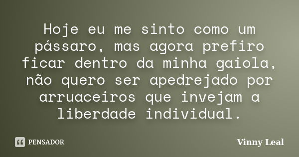 Hoje eu me sinto como um pássaro, mas agora prefiro ficar dentro da minha gaiola, não quero ser apedrejado por arruaceiros que invejam a liberdade individual.... Frase de Vinny Leal.