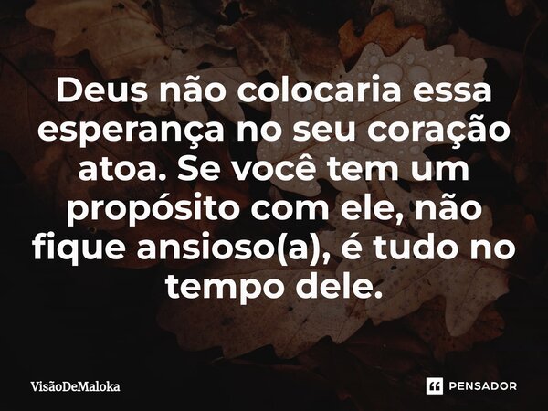 ⁠Deus não colocaria essa esperança no seu coração atoa. Se você tem um propósito com ele, não fique ansioso(a), é tudo no tempo dele.... Frase de VisãoDeMaloka.