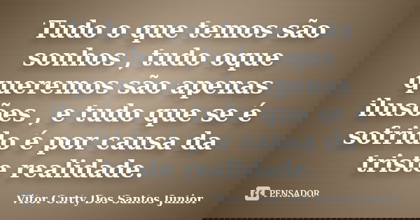 Tudo o que temos são sonhos , tudo oque queremos são apenas ilusões , e tudo que se é sofrido é por causa da triste realidade.... Frase de Vitor Curty Dos Santos Junior.