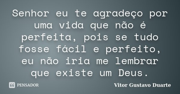 Senhor eu te agradeço por uma vida que não é perfeita, pois se tudo fosse fácil e perfeito, eu não iria me lembrar que existe um Deus.... Frase de Vitor Gustavo Duarte.