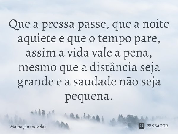 ⁠Que a pressa passe, que a noite aquiete e que o tempo pare, assim a vida vale a pena, mesmo que a distância seja grande e a saudade não seja pequena.... Frase de Malhação (novela).