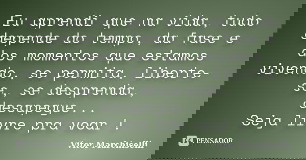 Eu aprendi que na vida, tudo depende do tempo, da fase e dos momentos que estamos vivendo, se permita, liberte-se, se desprenda, desapegue... Seja livre pra voa... Frase de Vitor Marchiselli.