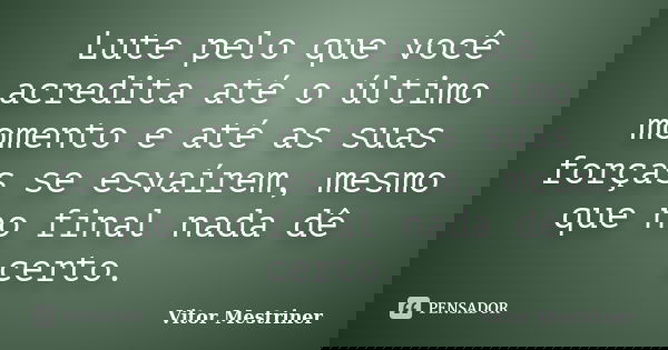 Lute pelo que você acredita até o último momento e até as suas forças se esvaírem, mesmo que no final nada dê certo.... Frase de Vitor Mestriner.