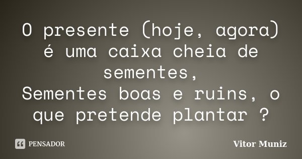 O presente (hoje, agora) é uma caixa cheia de sementes, Sementes boas e ruins, o que pretende plantar ?... Frase de Vitor Muniz.