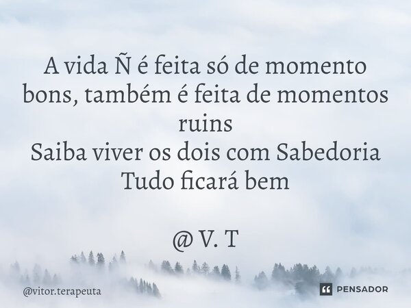 ⁠A vida Ñ é feita só de momento bons, também é feita de momentos ruins Saiba viver os dois com Sabedoria Tudo ficará bem @ V. T... Frase de vitor.terapeuta.