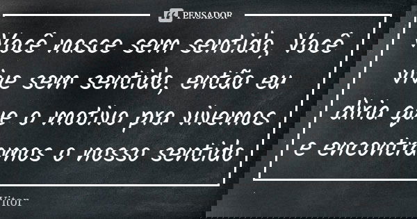 Você nasce sem sentido, Você vive sem sentido, então eu diria que o motivo pra vivemos e encontramos o nosso sentido... Frase de vitor.