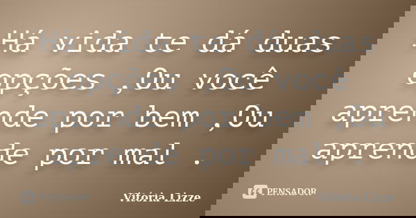 Há vida te dá duas opções ,Ou você aprende por bem ,Ou aprende por mal .... Frase de Vitória Lizze.