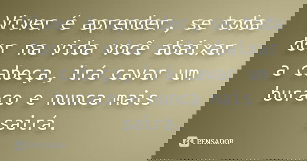 Viver é aprender, se toda dor na vida você abaixar a cabeça, irá cavar um buraco e nunca mais sairá.