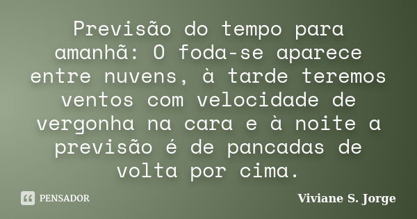 Previsão do tempo para amanhã: O foda-se aparece entre nuvens, à tarde teremos ventos com velocidade de vergonha na cara e à noite a previsão é de pancadas de v... Frase de Viviane S. Jorge.